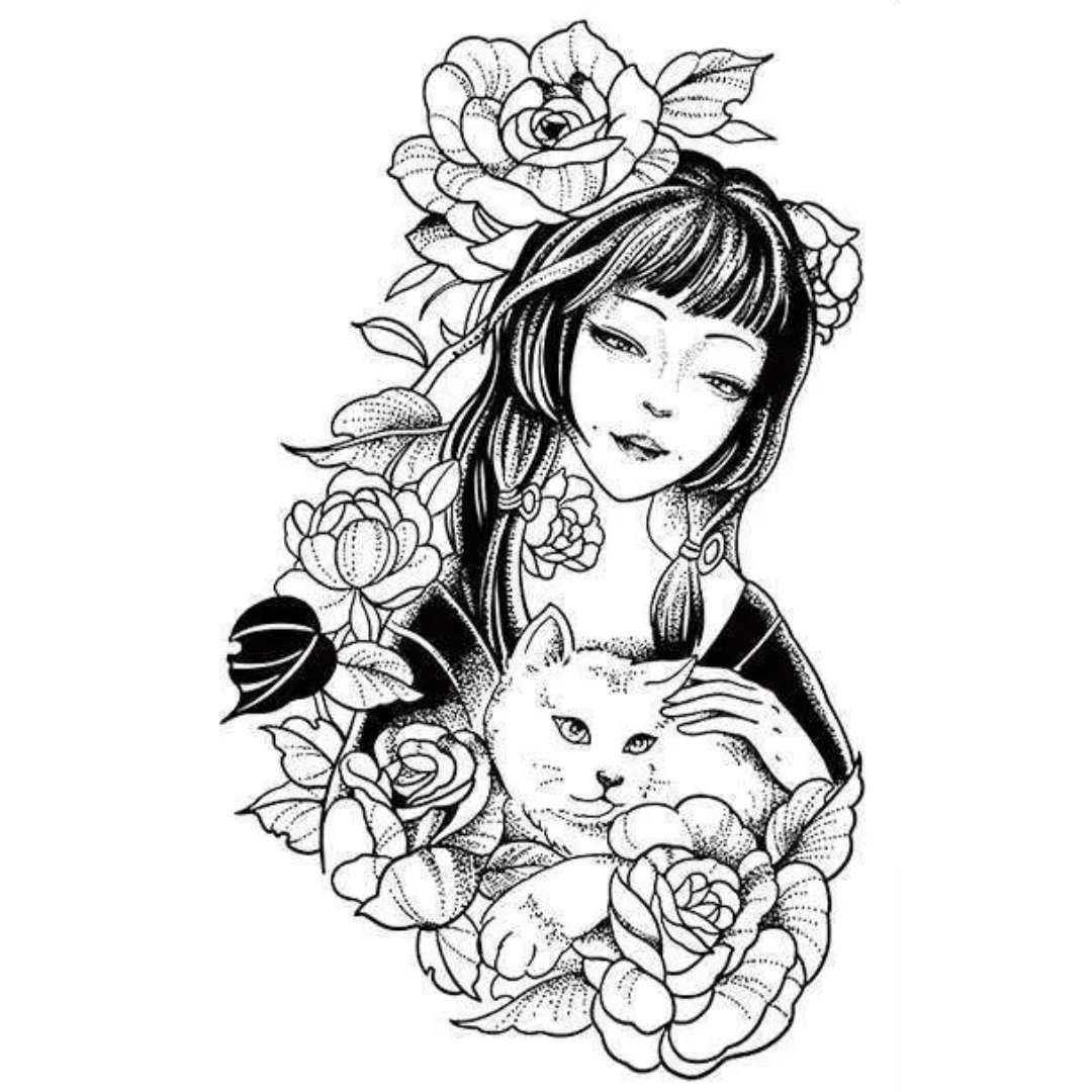 Anime Girl with Roses & Cat